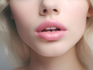 Close up view of beautiful woman lips with pink lipstick. Fashion make up. Cosmetology  or fashion makeup concept. Generative AI