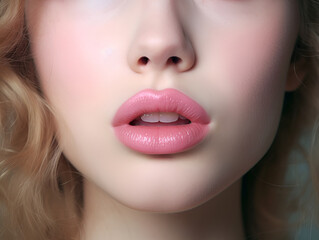 Fototapeta premium Close up view of beautiful woman lips with pink lipstick. Fashion make up. Cosmetology or fashion makeup concept. Generative AI