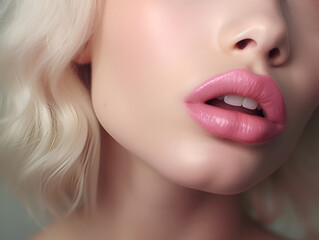 Beauty pink lips makeup details. Beautiful makeup close-up. Sensual open mouth. Lipstick or lip gloss. Sexy lips. Generative AI