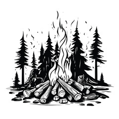 Bonfire in the woods sketch hand drawn engraving style Vector illustration