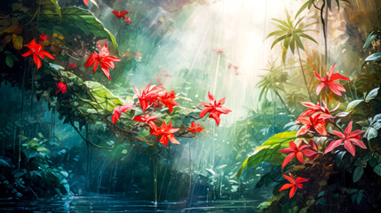 Watercolor painting of tropical rainforest with waterfall and red flowers.