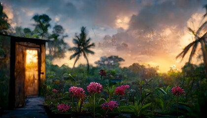 Fototapeta na wymiar a cinematic frame of a backyard through the hut door showing full of flowers and fauna during sunset in Andaman Islands ultra photorealistic insanely detailed 16k epic lighting 