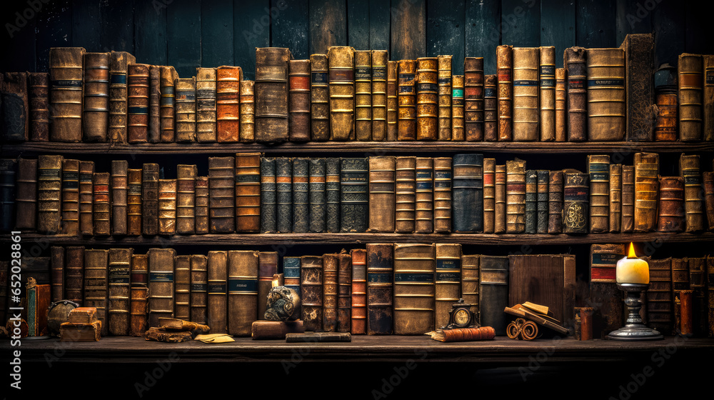 Poster old bookshelf with old books in a library. toned.