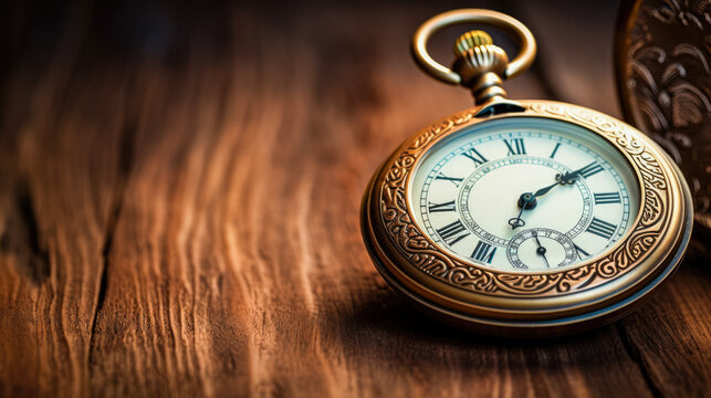 Vintage pocket watch on a wooden background. Time is money.