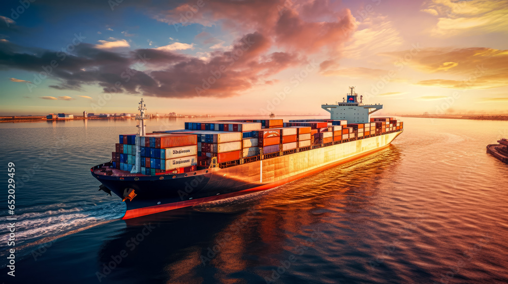 Poster container cargo freight ship with working crane bridge at sunset for logistic import export backgrou