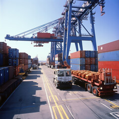 Sea cargo port, loading containers on a cargo ship