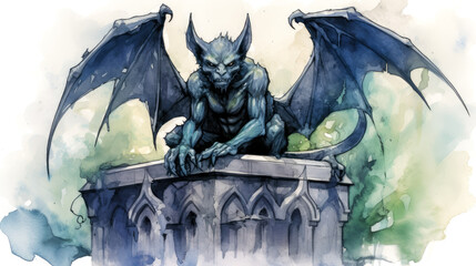 watercolor of a fantasy gargoyle on a grave in the cemetery - obrazy, fototapety, plakaty