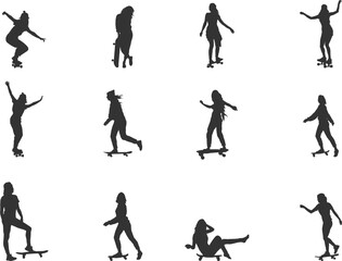 Woman skateboarder silhouette, Skate silhouette, Girl Skateboard silhouettes, Skateboard vector, Woman skateboarding silhouettes, Skateboarding bundle set © DesignLands 