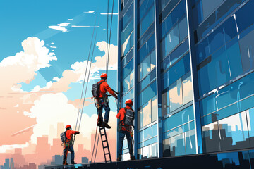 Window cleaners workers washing windows in a high-rise building, high-rise work in skyscrapers, illustration - obrazy, fototapety, plakaty