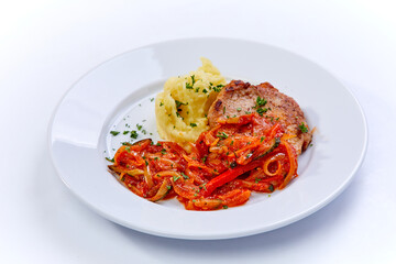 steak with mashed potato and vegetables