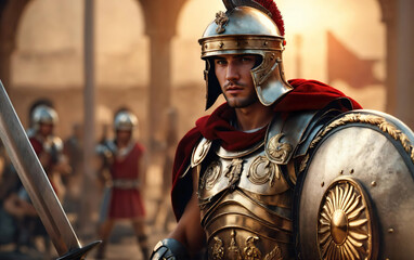 Roman male legionary (legionaries) wear helmet with crest, gladius sword and a scutum shield, heavy infantryman, realistic soldier of the army of the Roman Empire, on Rome background. Generative ai