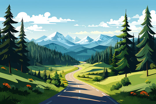 Long automobile road, highway along mountains and forests, travel concept, traveling by car, cartoon illustration