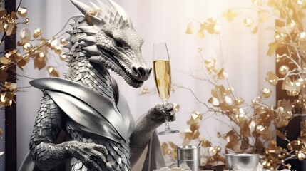 New Year's dragon with a glass of champagne. On a green background. Celebration of the new year. Ai generative