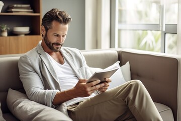 Beautiful Man Holding and Reading a Book while sitte on a Couch. White Shirt with Gray Jacket. Luxurious Interior Design.