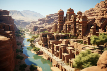 A panoramic view of the ancient city of Petra, Jordan, with its iconic rose-red sandstone architecture carved into the cliffs. Concept of archaeological wonders in the Near East. Generative Ai.