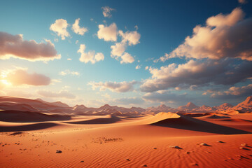 Fototapeta na wymiar A serene desert landscape at sunset, showcasing the vast dunes of the Arabian Desert. Concept of the breathtaking desert landscapes in the Near East. Generative Ai.