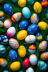 Fototapeta na wymiar Easter Eggs over a Grass Surface. Selective Focus. April Season Event.