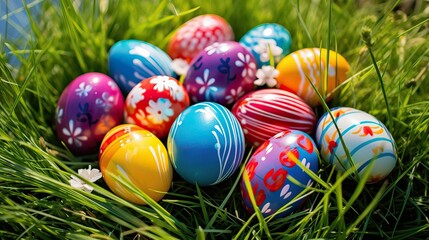 Fototapeta na wymiar Easter Eggs over a Grass Surface. Selective Focus. April Season Event.