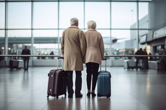 Senior Airport Travelers with Luggage Looking Around