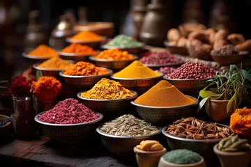  A traditional spice market in Marrakech, Morocco, with a kaleidoscope of fragrant spices and herbs. Concept of culinary delights in the Near East. Generative Ai. © Sebastian