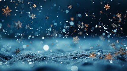 Fototapeta na wymiar Winter background with snowflakes close-up and blue tint, snow-covered trees, free copy space, cold time, Concept: landscape splash screen