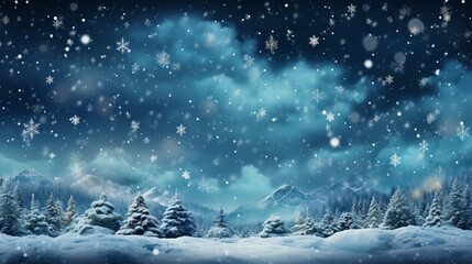 Winter background with snowflakes close-up and blue tint, snow-covered trees, free copy space, cold...