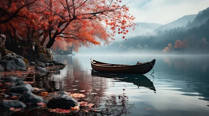 Tuinposter Tiny Wooden Boat in the Middle of the River.. Autumnal Season. © Boss