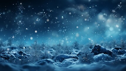 Winter background with snowflakes close-up and blue tint, snow-covered trees, free copy space, cold time, Concept: landscape splash screen