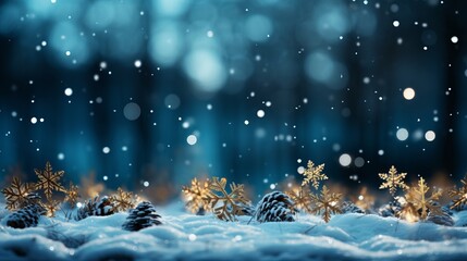 Obraz na płótnie Canvas Winter background with snowflakes close-up and blue tint, snow-covered trees, free copy space, cold time, Concept: landscape splash screen