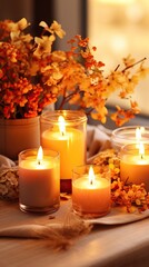 Some Plants during Fall Season near a Candle. Autumnal Warm Composit.