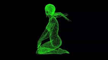 3D topless Woman sitting on her lap on black background. Beauty and sexuality concept. Girl with long hair. Business advertising backdrop. For title, text, presentation. 3d animation.