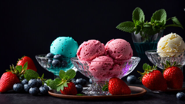 Scoop Of Delicious Ice Cream, Fresh Strawberries. Blueberries, Mint Leaves On A Dark Background