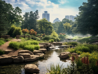 Japanese Zen garden in the middle of a bustling city park, soft focus, brushstroke texture, serene