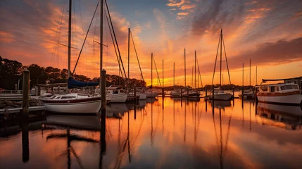 Foto op Plexiglas harbor scene, multiple sailboats docked, golden sunset, reflections in calm water, yachts, fishing boats, wooden pier, nautical atmosphere © Marco Attano