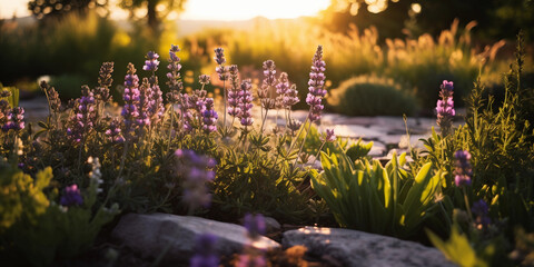 herbal garden at sunset, focus on lavender, sage, and mint, golden hour light, shallow depth of field