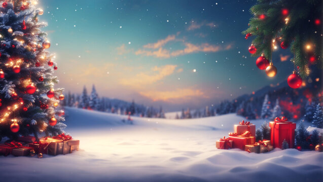 View of beautifully decorated christmas tree outdoors, Christmas background, Generative AI. free Stock Photo