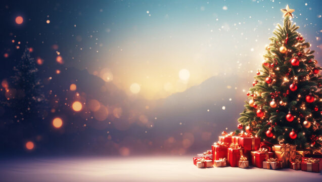 View of beautifully decorated christmas tree outdoors, Christmas background, Generative AI. free Stock Photo