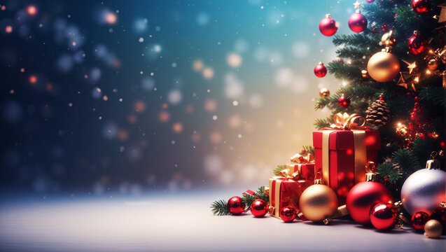 View of beautifully decorated christmas tree outdoors, Christmas background, Generative AI. free Stock Photo