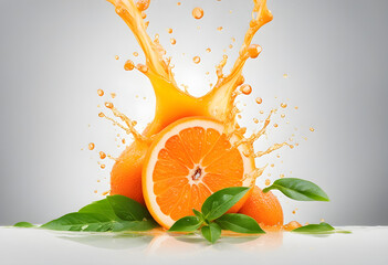 Fresh orange floating on orange juice with splashes and green leaves around - obrazy, fototapety, plakaty