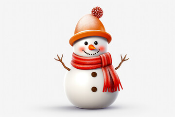 Snowman with scarf and hat on white background