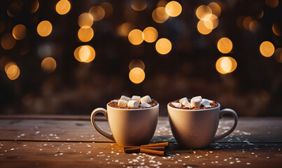 Fototapeta premium two cups of hot chocolate with mocha marshmallows on wooden table, generative ai 