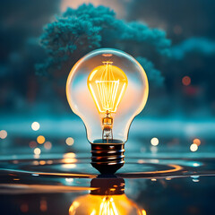  a surreal scene of a lightbulb emitting a soft, warm glow while partially submerged in water, creating a dreamlike atmosphere