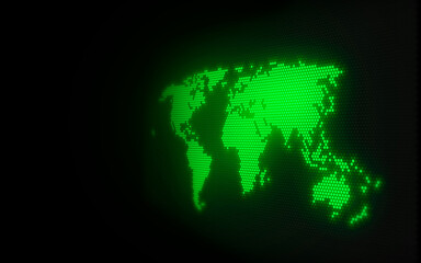 Green Glowing Modern World map. Perspective. Amazing Black background