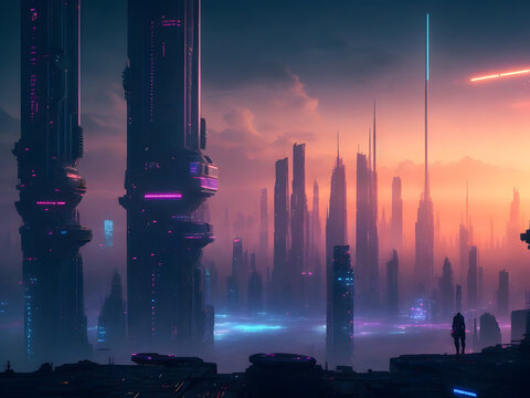 City skyline at sunset landscape Generative AI
