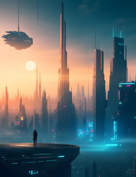 City skyline at sunset landscape Generative AI