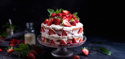 Obraz na płótnie Canvas Cinematic allure of a stunning food photograph featuring a delectable strawberry cake, capturing every tempting detail and inviting you to savor the visual feast, Generative AI
