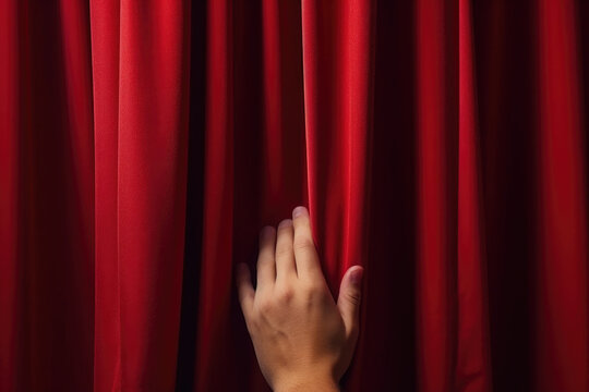 Theatrical Close-Up: Hands on Red Stage Curtains