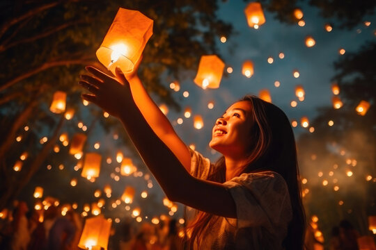 Spectacular Night Sky: Woman and Khom Loi Lantern