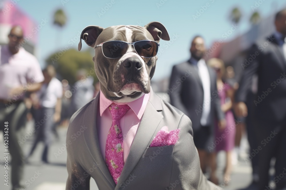 Poster a dog dressed in a suit and tie, wearing sunglasses. this image can be used to depict a stylish and 
