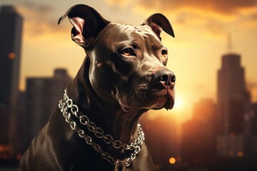 A picture of a dog wearing a chain around its neck. This image can be used to depict the concept of pet ownership, control, or restraint. - Powered by Adobe